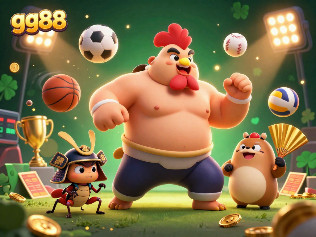 Experience winning with gg88 in this dynamic 3D sports betting illustration featuring a powerful rooster and samurai cricket.