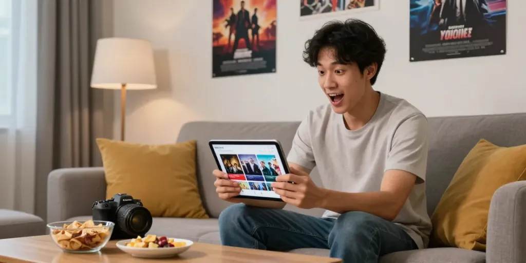 Usuário assistindo filmes no Youcine APK para iOS em um ambiente aconchegante.