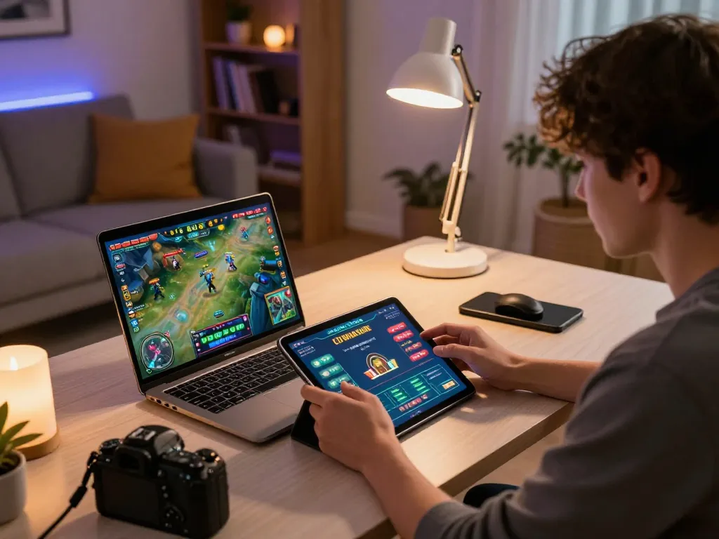 Engaging in game đánh bài đổi thưởng on a tablet in an inviting home atmosphere with cozy decor.