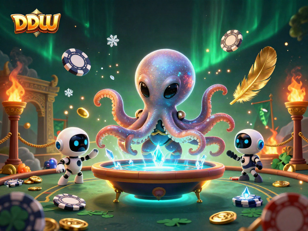 Engage with DDUU's thrilling casino experience featuring an alien octopus at a poker table.
