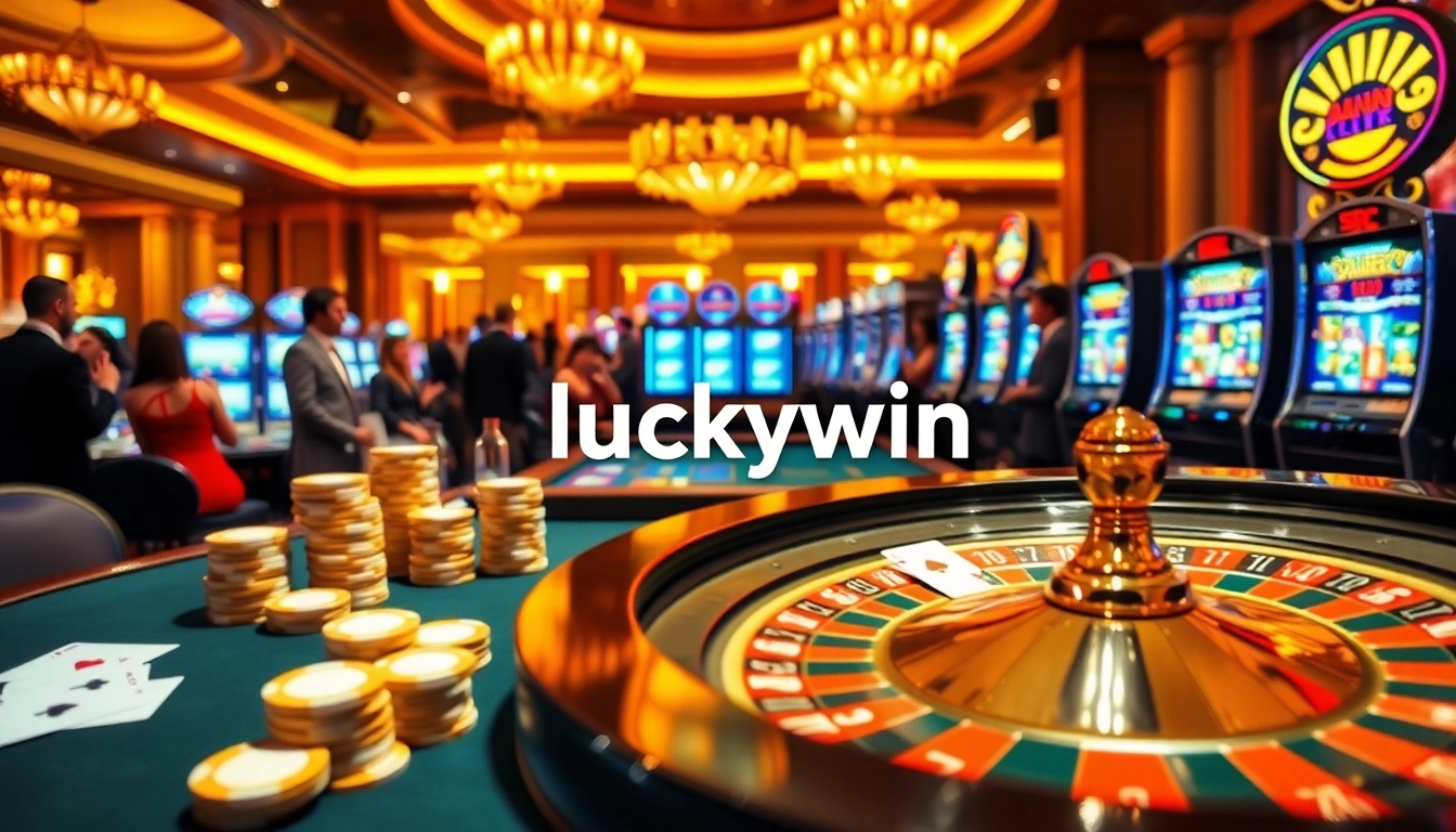 Experience the thrill of luckywin at a bustling casino with vibrant slot machines and eager players.