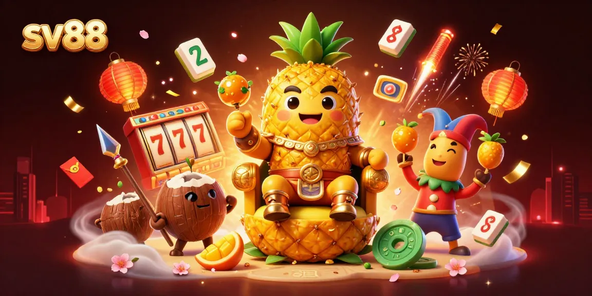 Engage with sv88's vibrant casino scene featuring a golden pineapple king and exciting gaming elements.