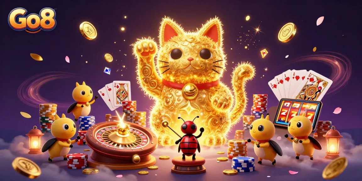 Experience Go8's exciting gaming world with immersive golden fireflies and rich casino elements.