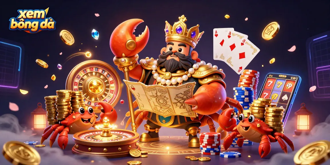 Xem bóng đá with a vibrant scene of 3D cartoon characters celebrating winning strategies, golden crabs, and casino elements.
