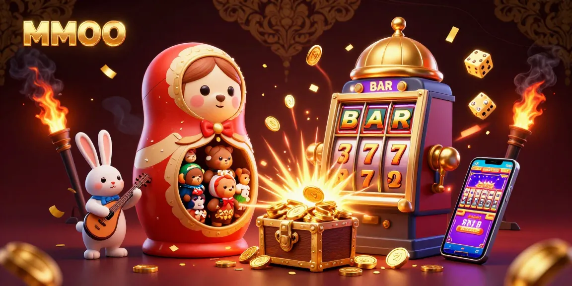 Engage in the exciting MMOO casino experience with vibrant 3D gaming elements and festive jackpot scenes.