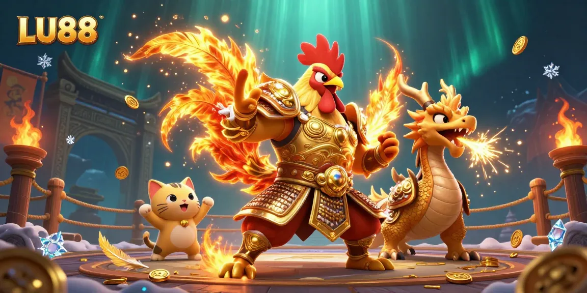 LU88 online casino features a fighting rooster warrior and dragon hatchling in an epic gaming scene.
