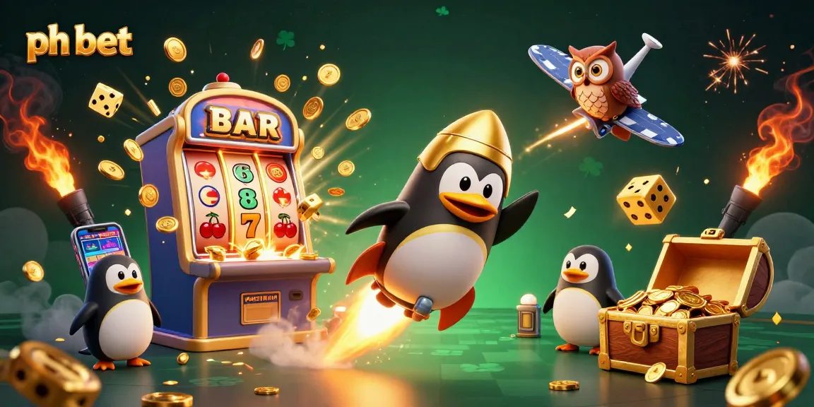 Join the ph bet adventure with a golden penguin soaring towards a thrilling casino jackpot scene.