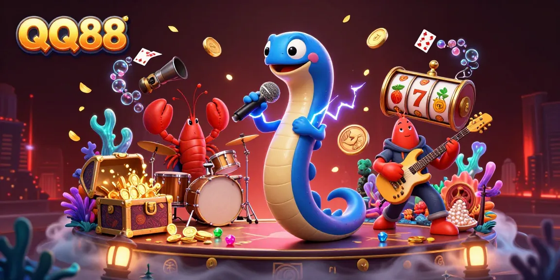 Engage with QQ88's vibrant underwater casino scene filled with treasure and musical excitement.