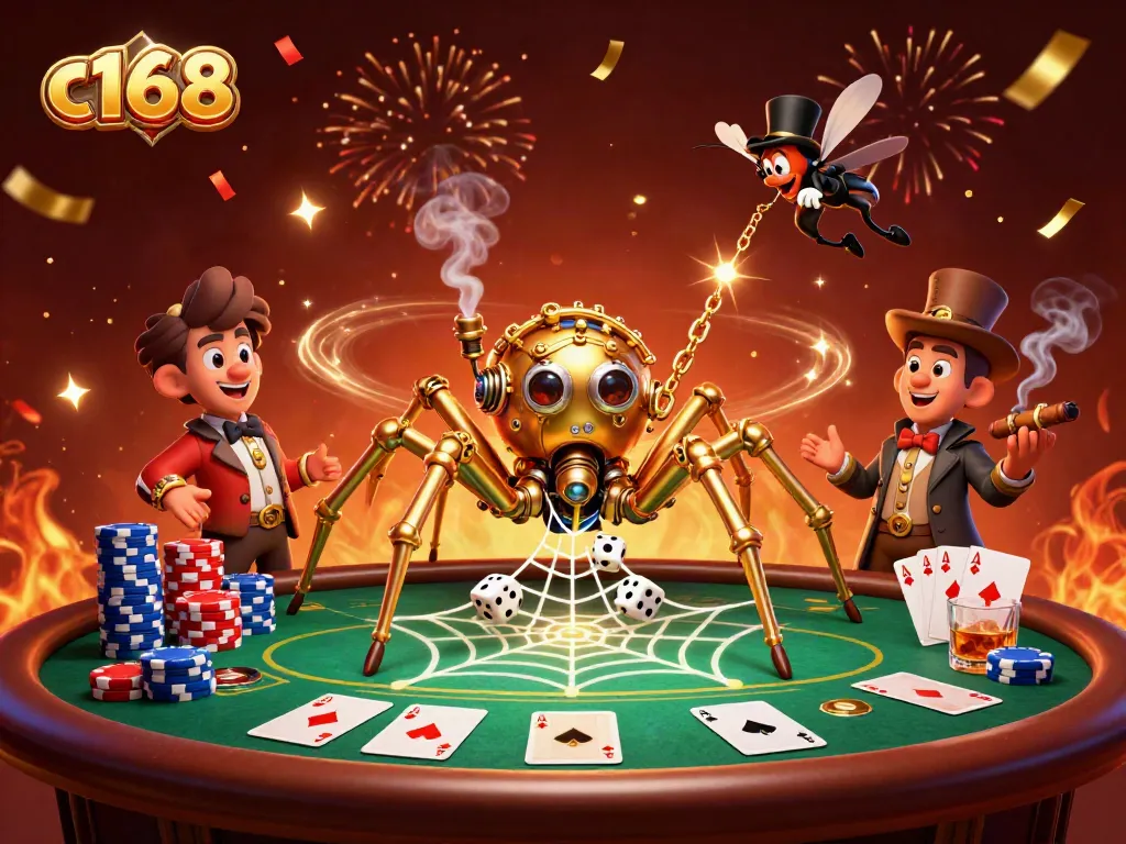 C168-themed illustration of a steampunk spider in a golden web, surrounded by vibrant casino elements.