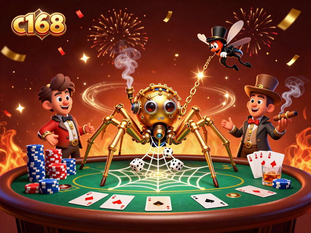 C168-themed illustration of a steampunk spider in a golden web, surrounded by vibrant casino elements.