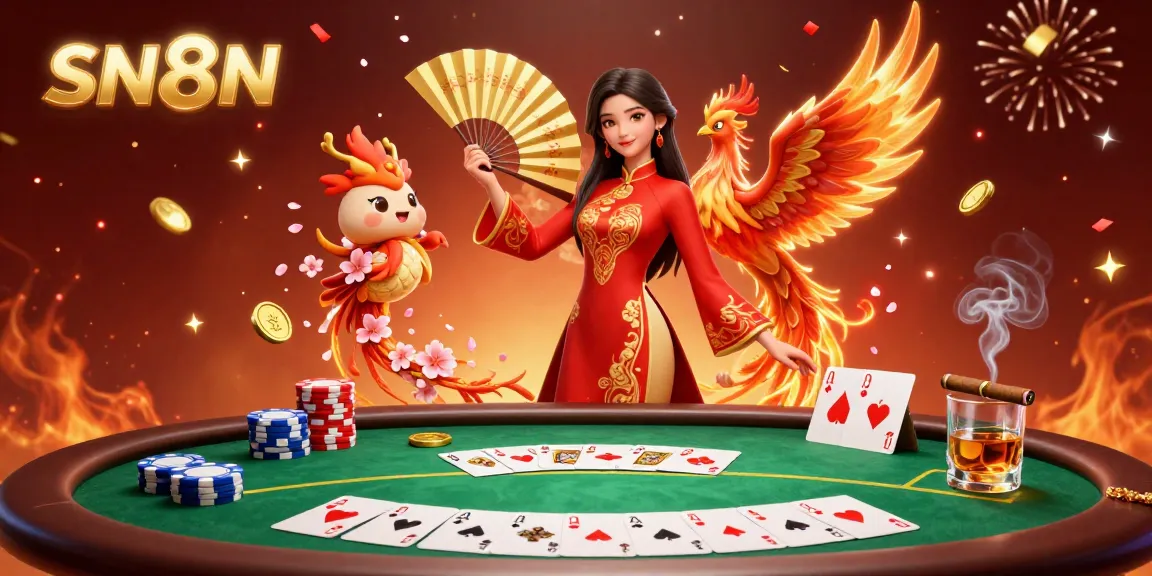 Exciting sn88 gaming scene with a beautiful woman, phoenix, and poker elements illustrating vibrant casino entertainment.