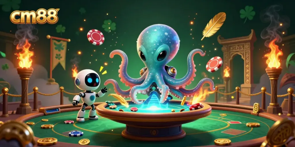 Experience exciting poker gameplay with cm88 featuring a holographic table and alien octopus in a casino-like atmosphere.