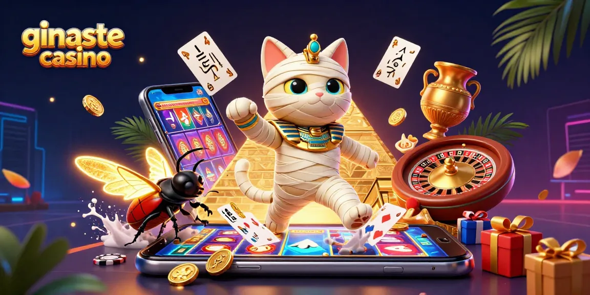 Experience thrilling games at ginaste casino featuring a vibrant mummy cat and exciting slot machines.