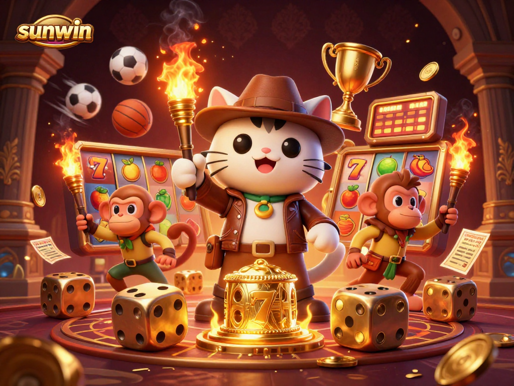 Experience sunwin thrills with a 3D cartoon cat discovering treasures in a vibrant casino setting.