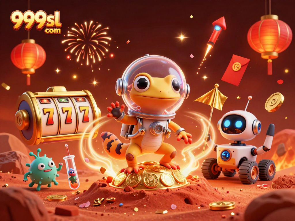 Experience the adventure at 999sl com with a Martian gecko exploring a golden casino. Dynamic gambling elements surround them.