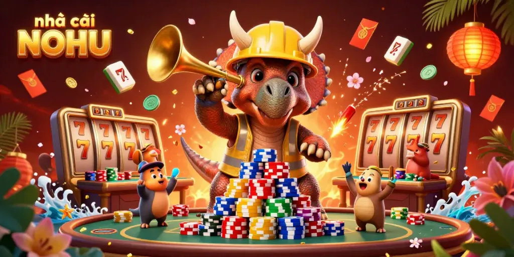 Engage with Nhà cái NOHU through a vibrant scene of playful dinosaurs in a dynamic casino environment filled with festive gaming elements.