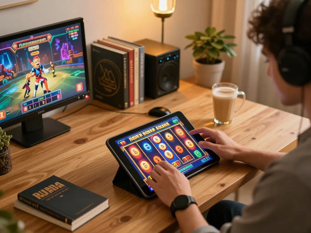 Player engaging with 81ff online slots, vibrant home office atmosphere depicting a comfortable gaming experience.