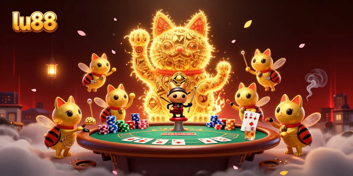 Enjoy the captivating "lu88" scene of a golden lucky cat and playful fireflies in a vibrant casino setting.