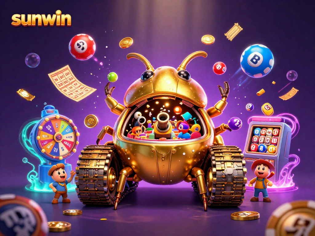 Engage with sunwin's vibrant casino scene featuring dynamic lottery balls and a golden beetle tank.
