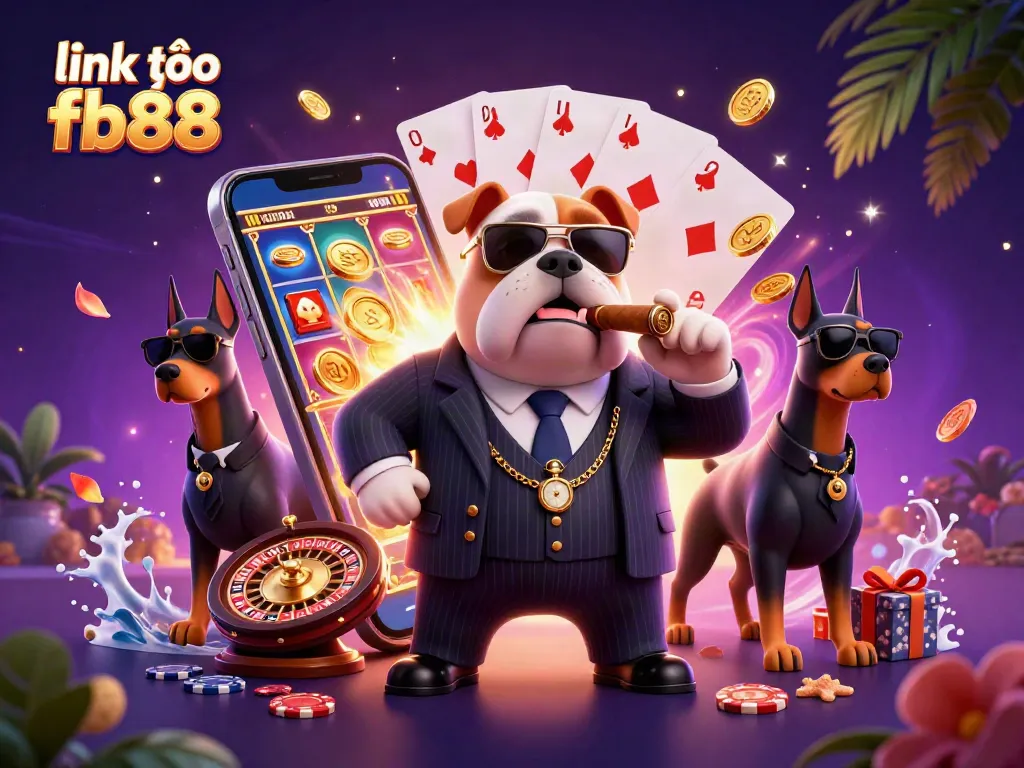 Play exciting games at link vào fb88 with the mafia boss and his bodyguards in a vibrant casino scene.