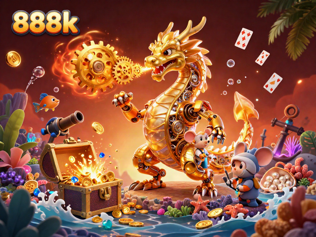 Engage with the thrilling games of 888k, featuring an intricate dragon and vibrant casino elements.