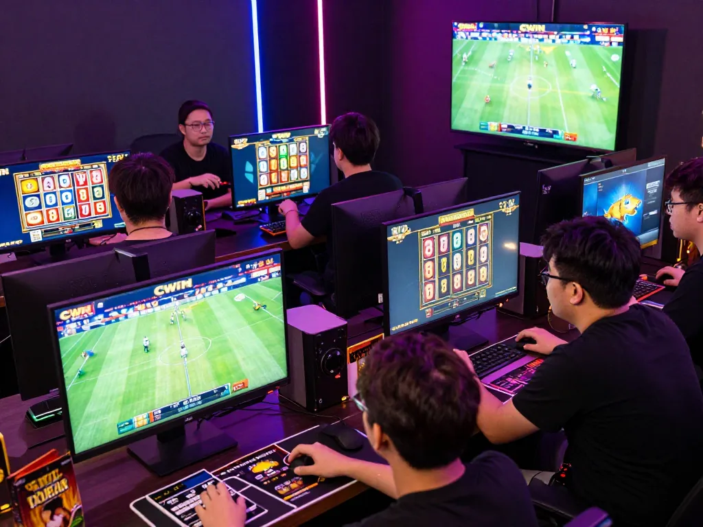CWIN online gaming scene showcasing players engaging in football betting, slot games, and multiplayer adventures in a vibrant atmosphere.