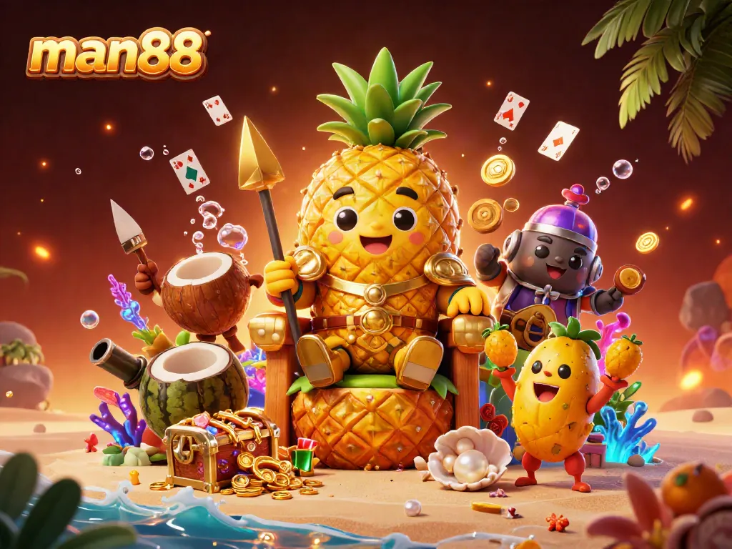 Experience Man88's vibrant casino scene featuring a golden pineapple king and lively characters amidst treasures.