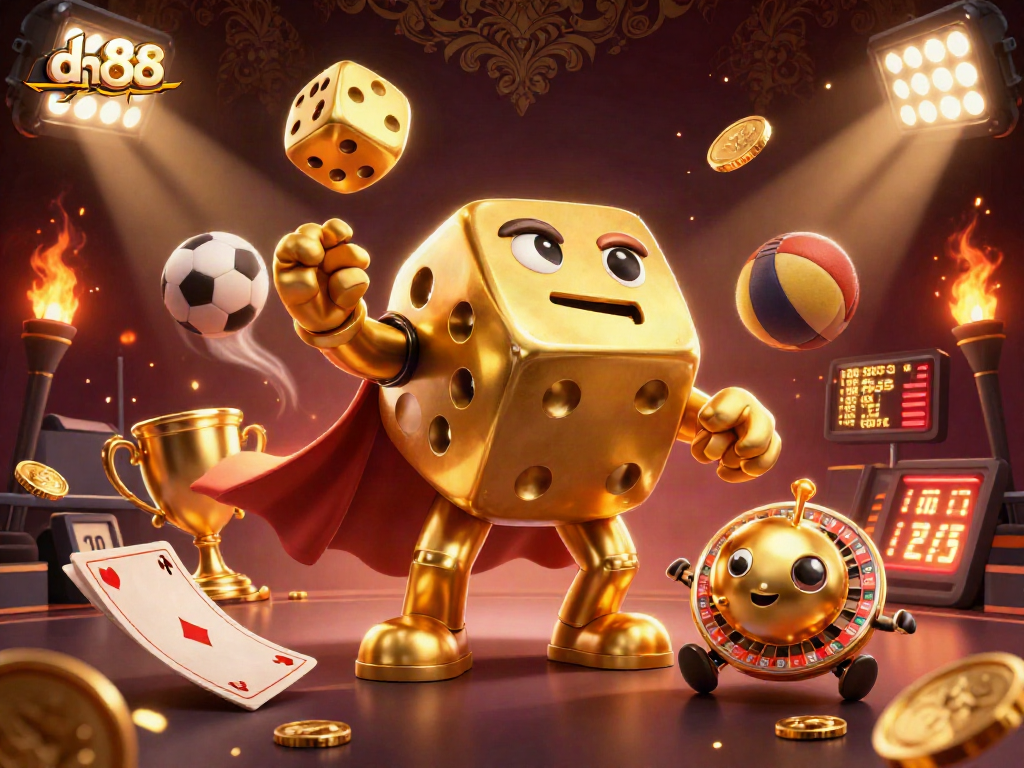 dh88 enhances gaming excitement with vibrant golden dice and sports elements in this dynamic illustration.