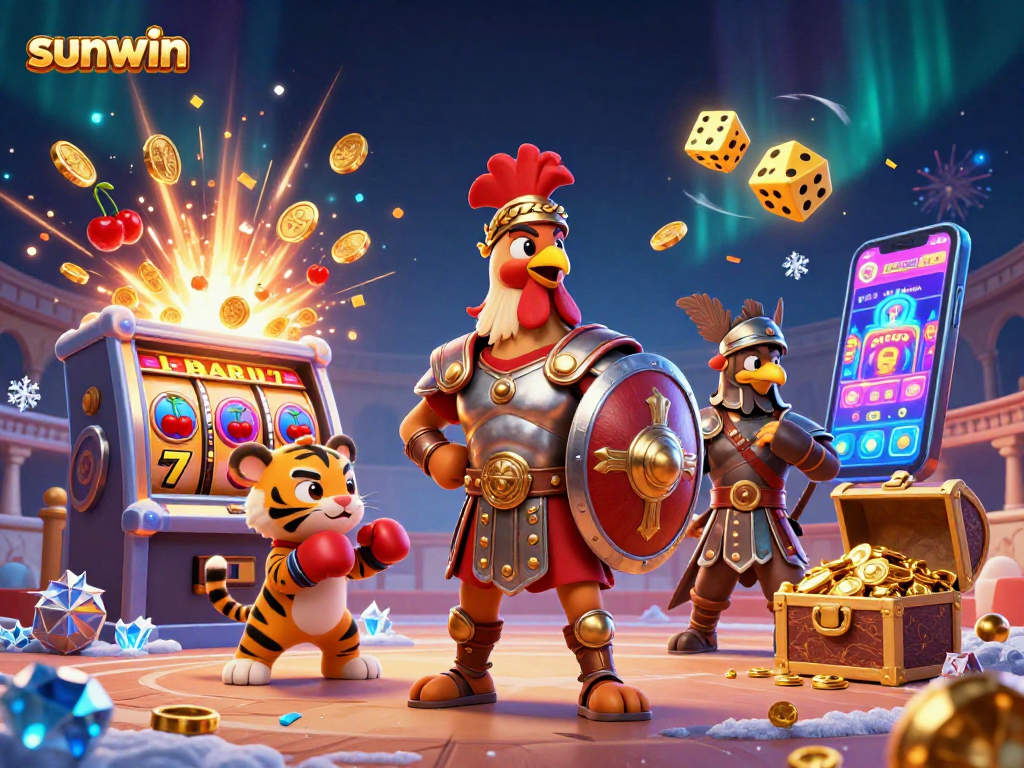 Win big at sunwin with an exciting 3D illustration of a gladiator rooster and casino elements.