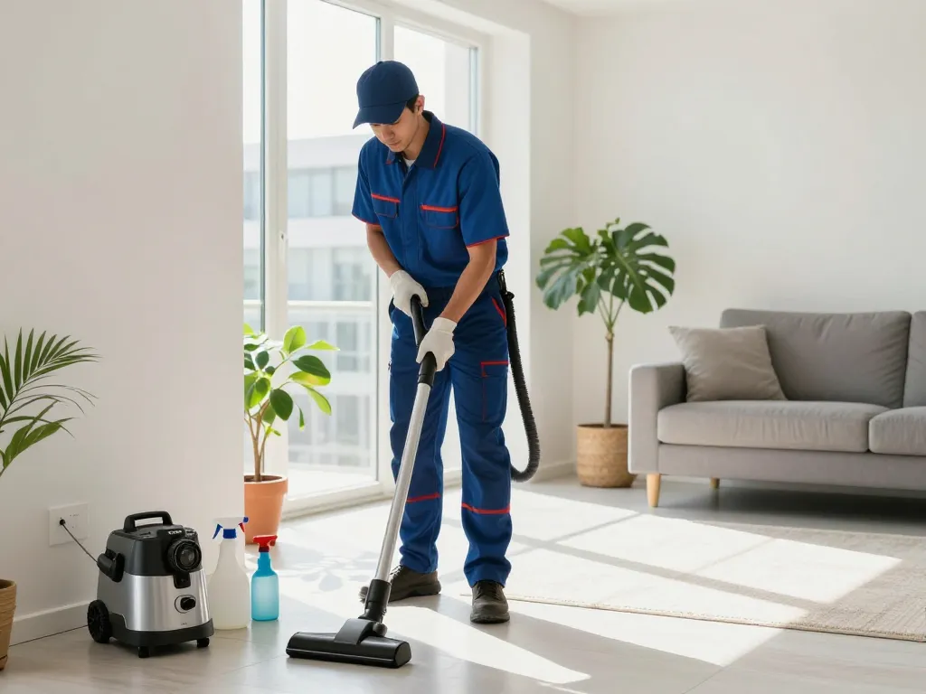 Dedetizadora technician applying eco-friendly pest control solutions in modern home.
