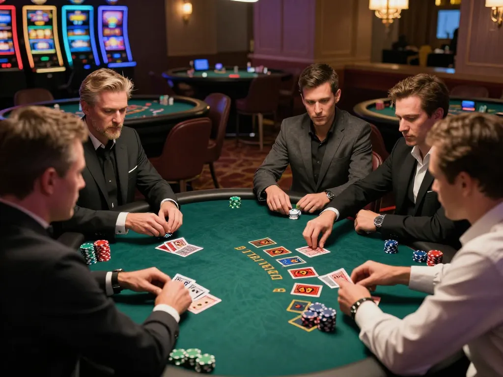 Players at a blackjack table strategizing their bets with 45678 casino experience, dynamic and thrilling.