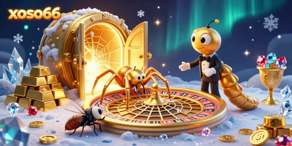 Experience thrilling bets at xoso66 as characters spin a golden roulette wheel and surround with treasure.