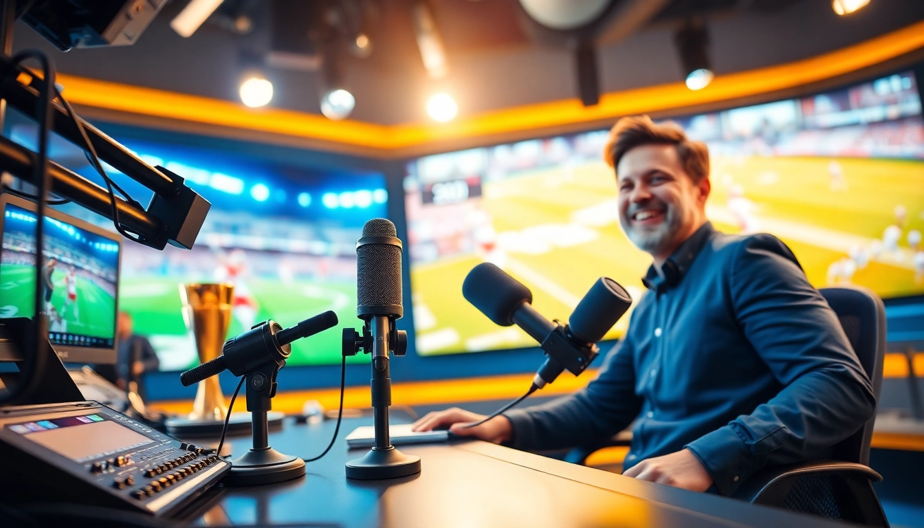 Sports Broadcasting commentator delivering live coverage in a high-tech studio with vibrant screens.