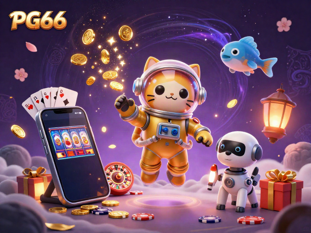 PG66 showcases an exciting gambling scene with a space cat, robot dog, and cosmic elements amidst vibrant slots and poker games.