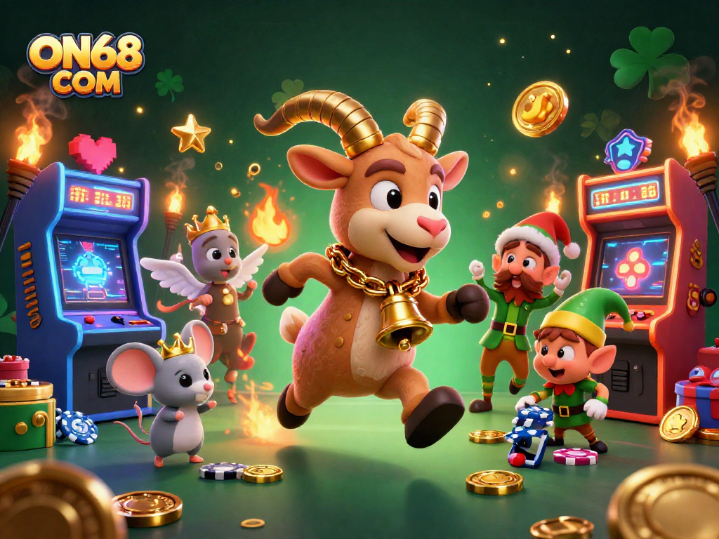 Engage with ON68 COM in a lively casino scene filled with whimsical characters and vibrant gaming elements.