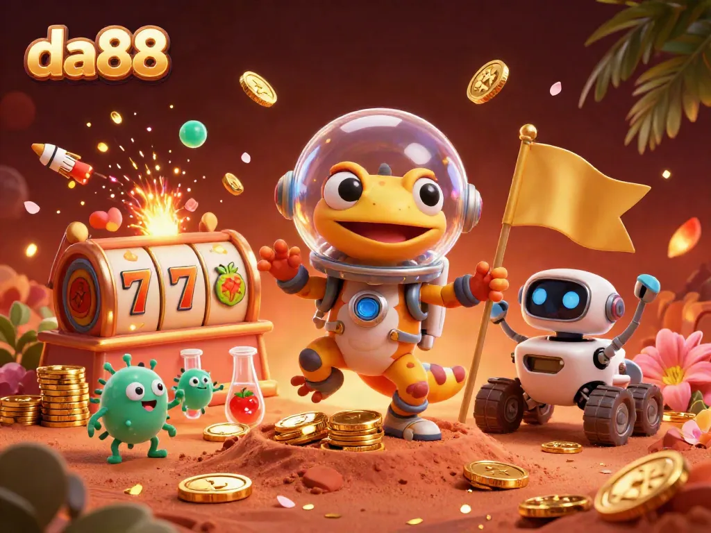Bet on winnings at da88's vibrant casino scene with slots and cheerful Martian gecko.
