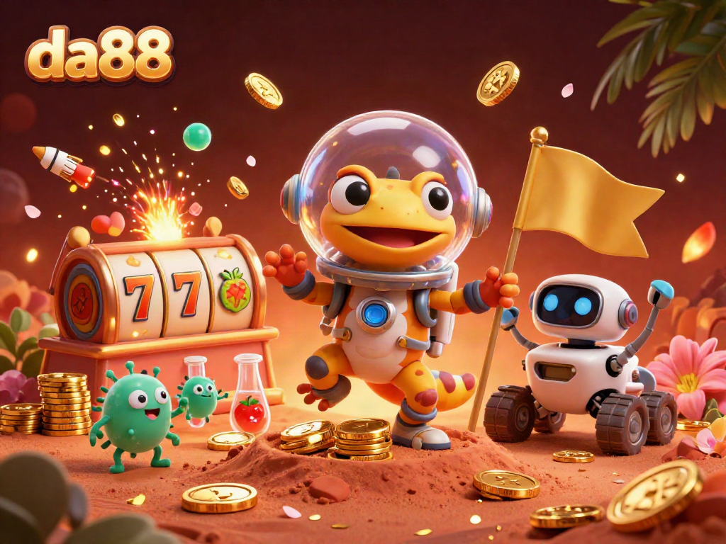Bet on winnings at da88's vibrant casino scene with slots and cheerful Martian gecko.
