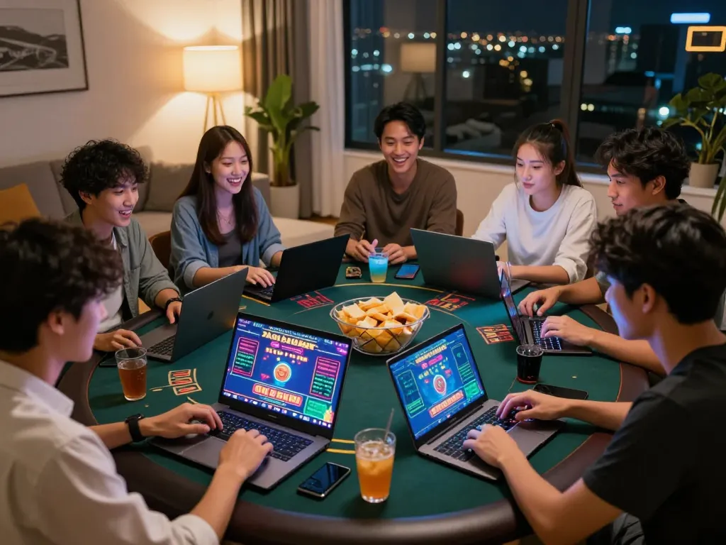 Engaging group gaming on trang chủ Onbet with lively atmosphere, showcasing multiple online casino games.