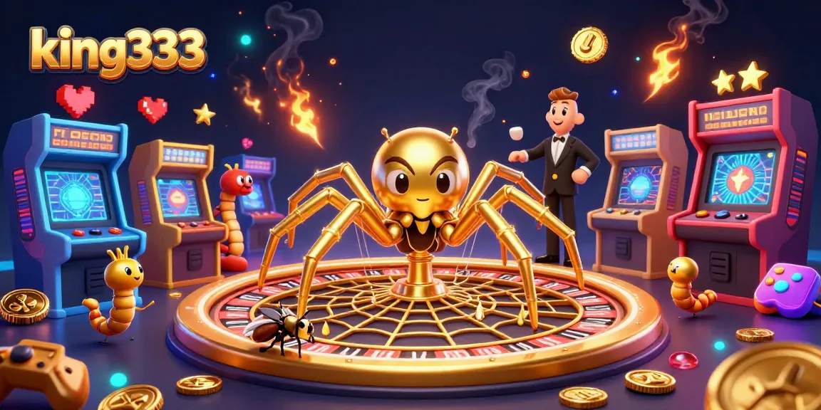 king333 casino illustration featuring a golden spider and centipede dealer creating a roulette web filled with vibrant gaming elements.