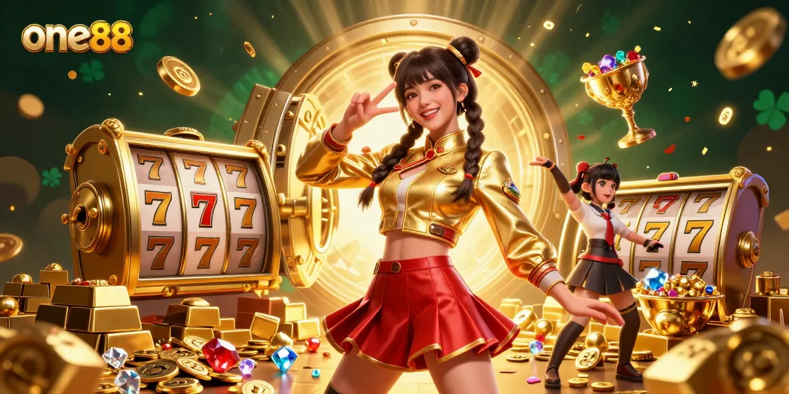 Experience thrilling slot excitement with one88 in a vibrant casino scene filled with color and riches.