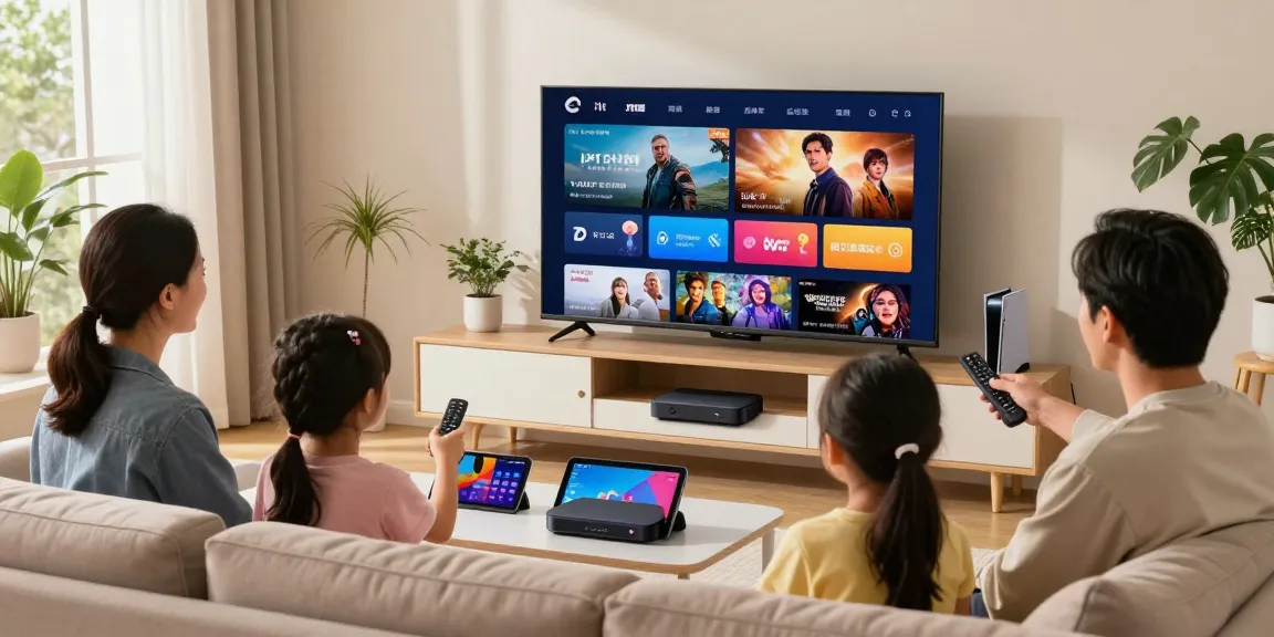 Família escolhendo conteúdo de IPTV na sala de estar moderna
