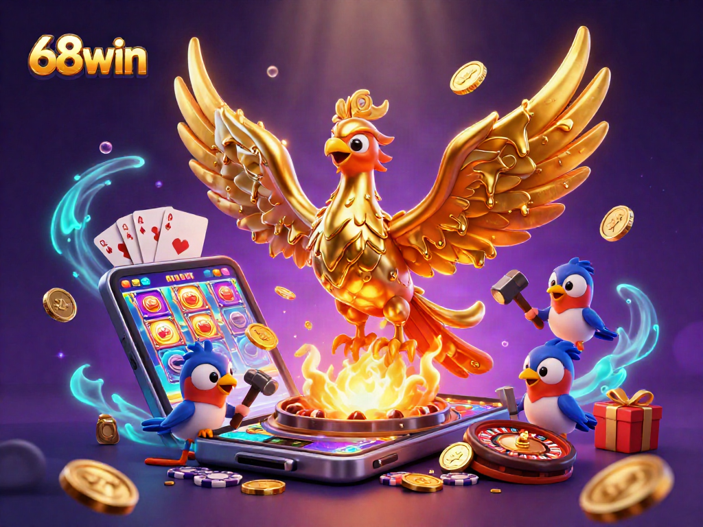 Experience the thrill of 68win with a vibrant slot scene filled with gold coins and casino action.