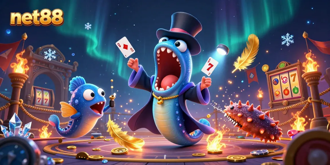 Engage with net88 as a deep-sea creature performs stunning card tricks in a vibrant casino scene.