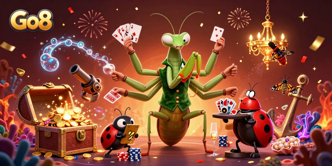 Experience thrilling games and rewards at Go8, where a giant praying mantis card sharp and ladybug pit boss create unforgettable moments.