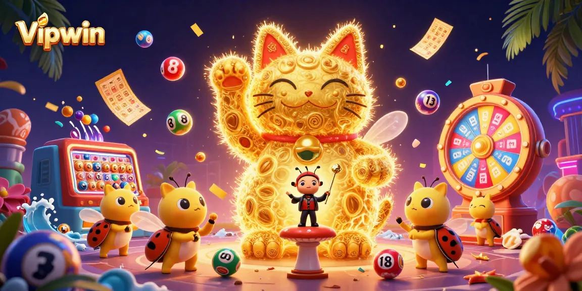 Experience fun with Vipwin's engaging gaming atmosphere filled with vibrant lottery symbols and lucky motifs.