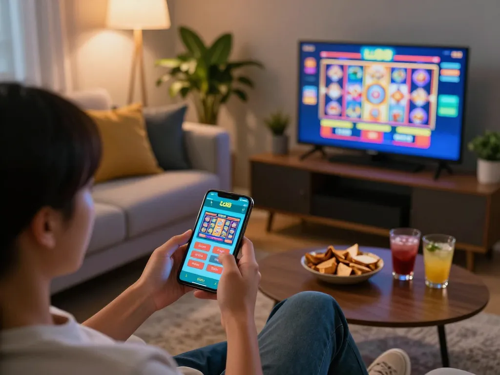 Engaging with the trang chủ lc88 app, a player explores vibrant slots on a cozy home setup.