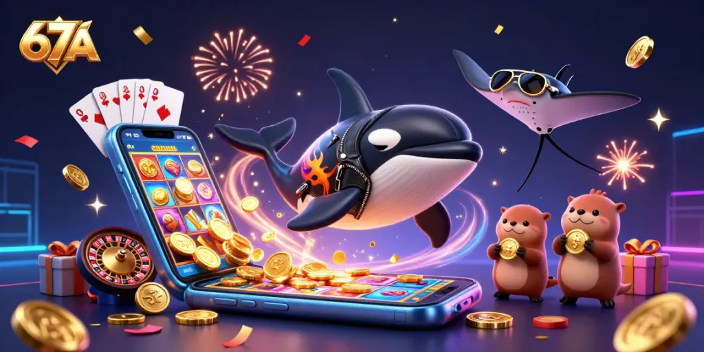 Experience 67A casino excitement with a lively orca, stingray, and otters amidst golden coins.