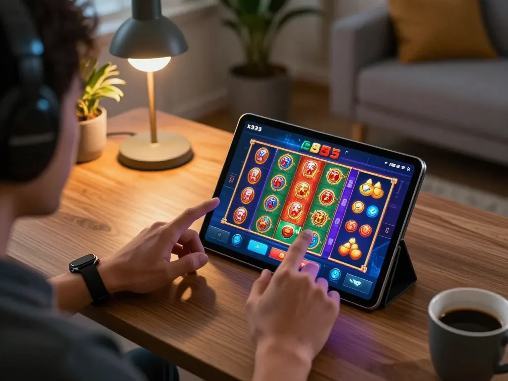 Player engaging with x333 casino app on tablet during a cozy home gaming session