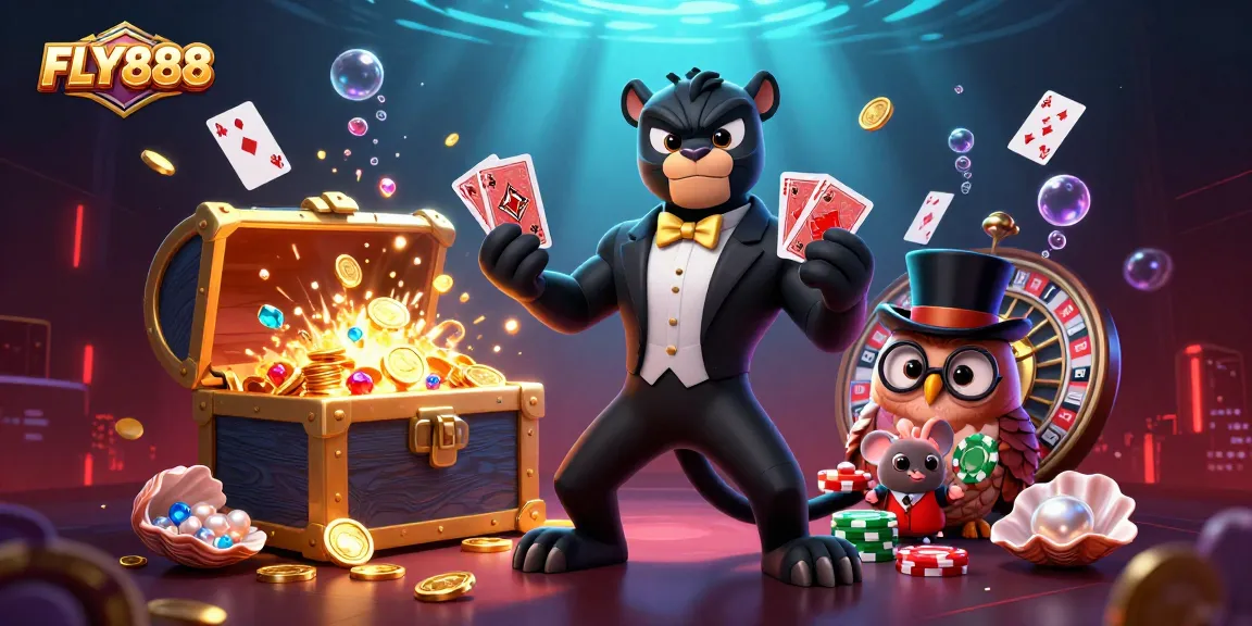 Engage in thrilling casino action at FLY888 with stylish characters and vibrant gaming elements.