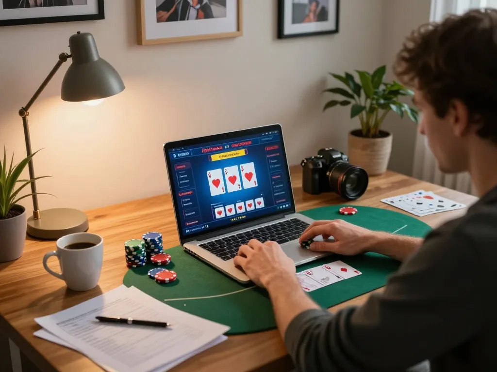 Engaging in online gambling with F8 BET on a laptop, showcasing poker gameplay and responsible gaming environment